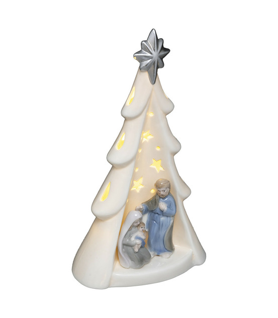 Déco de noël scène de nativité lumineuse à led dans un sapin h 23 cm
