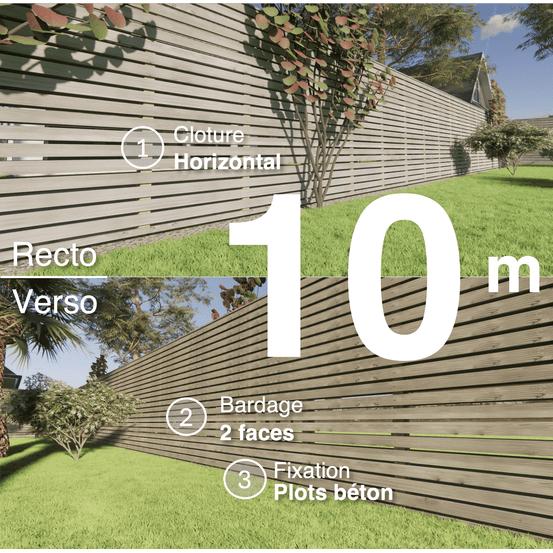 Kit clôture bois moderne 10m – h 1,9m – 20 x 70 mm autoclave gris – pose horizontal – double face – à sceller