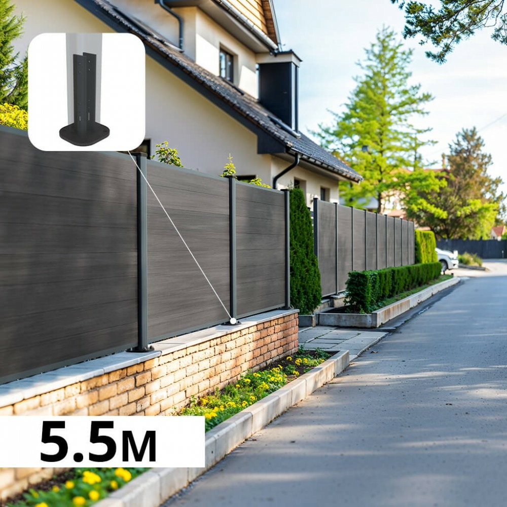 Kit clôture composite sur muret cruz ardoise 5,5x1,2m - bois composite & aluminium - poteaux sur platines gris - brise vue
