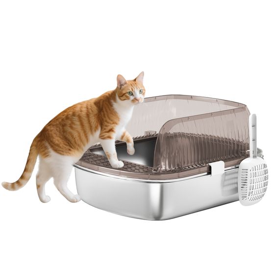 Bac à litière acier inoxydable intérieur hygiène bords hauts anti-fuite 53cm gris anthracite