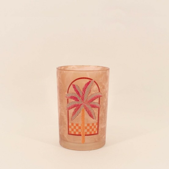 Photophore palmier en verre beige, rose 18cm