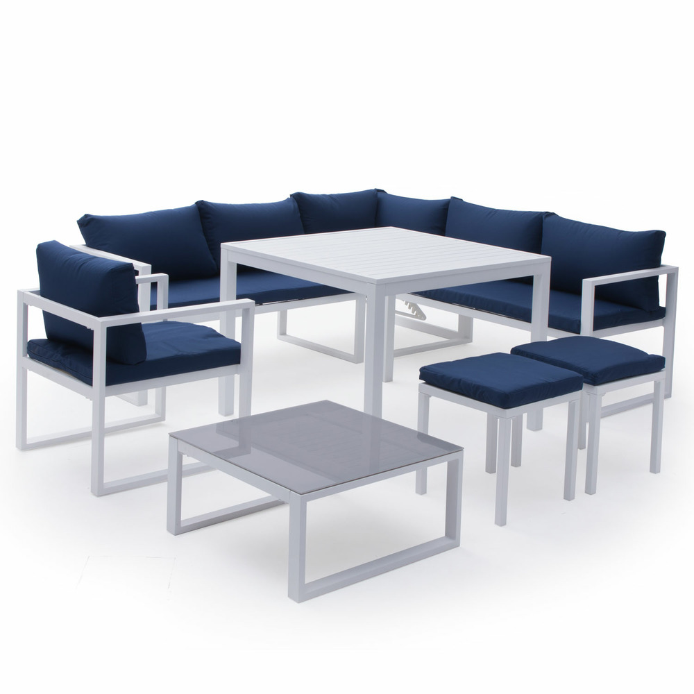 Salon de jardin modulable ibiza en tissu bleu 7 places - aluminium blanc