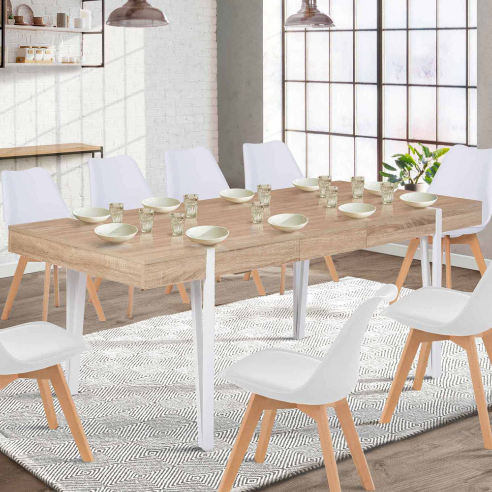 Table à manger extensible rectangle austria 6-10 personnes bois pied épingle blanc 160-200 cm