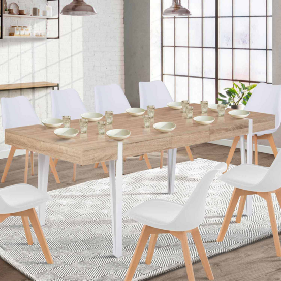 Table à manger extensible rectangle austria 6-10 personnes bois pied épingle blanc 160-200 cm