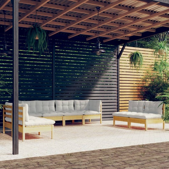 Salon de jardin 8 pcs avec coussins crème bois de pin massif