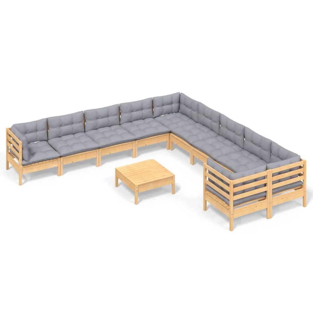 Salon de jardin 11 pcs avec coussins gris bois de pin