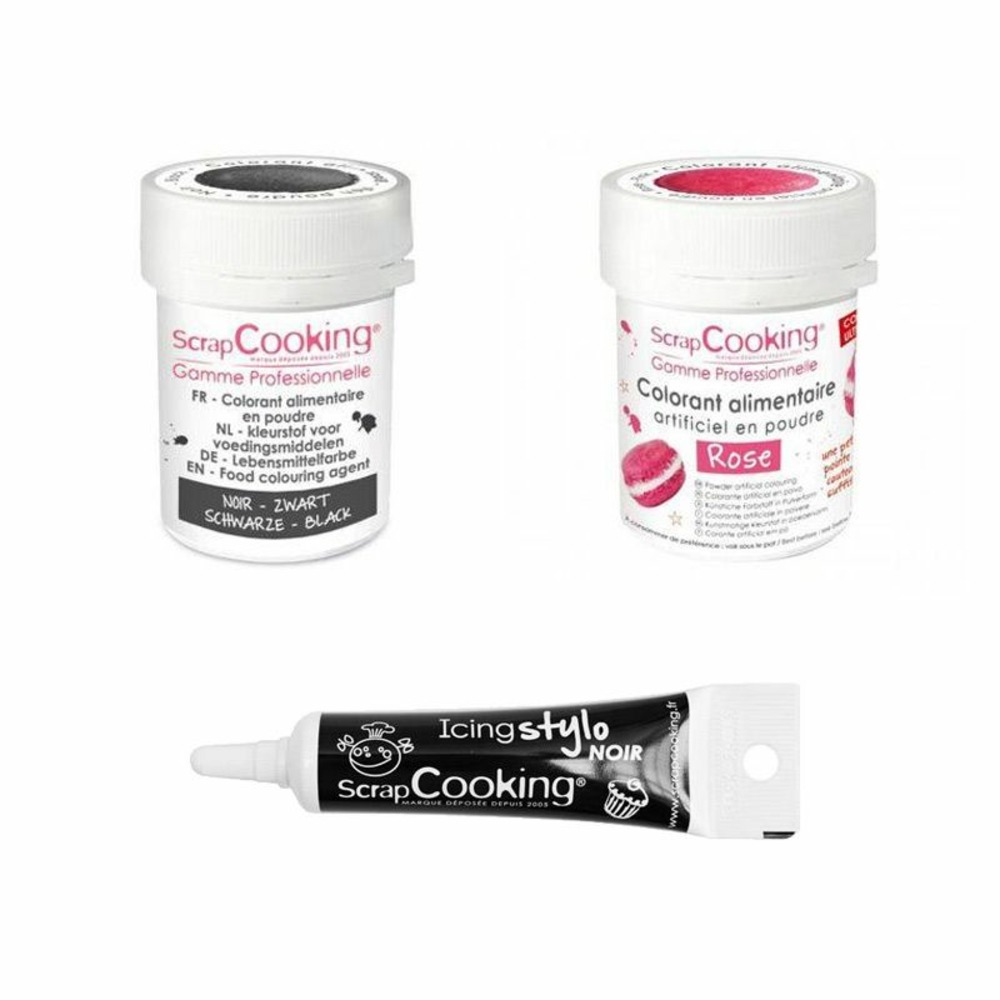 2 colorants alimentaires rose-noir + stylo glaçage noir
