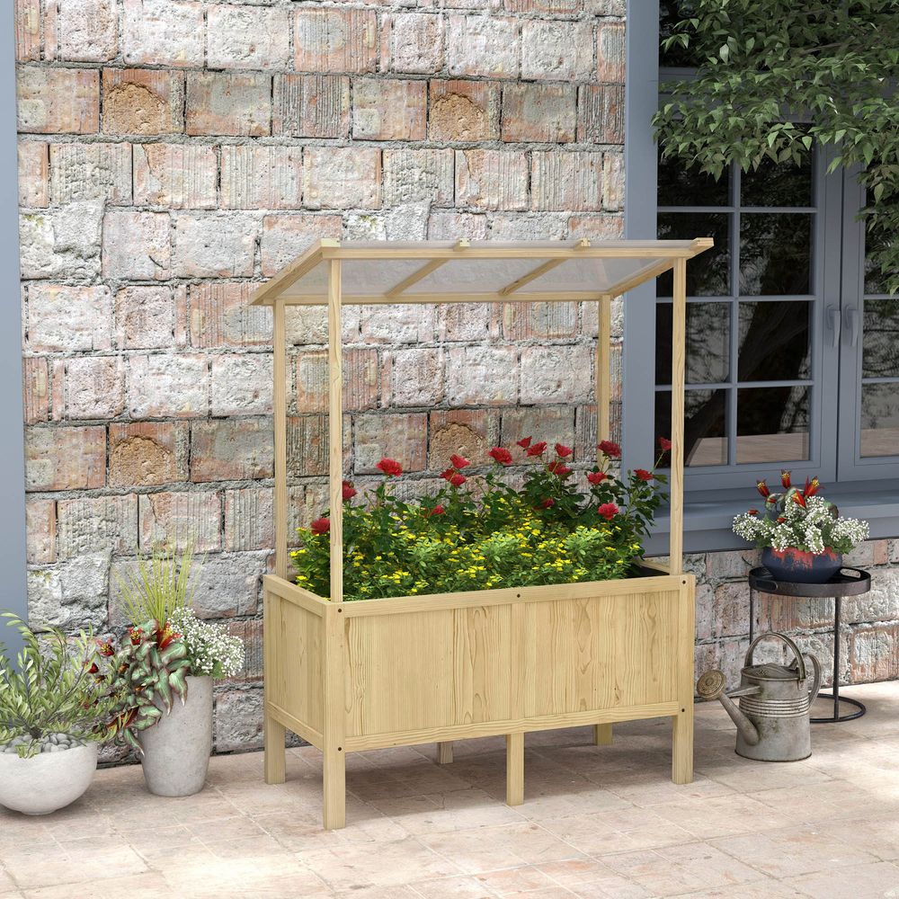 Carré potager surélevé bois massif pour balcon avec toit 110x60x152cm naturel