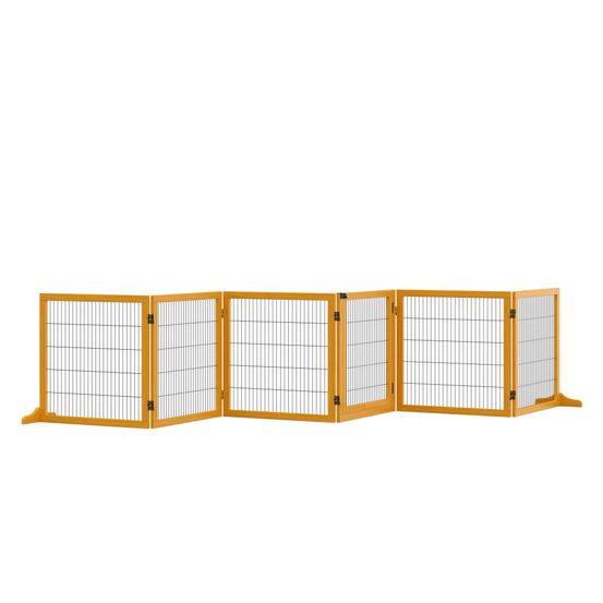 Barrière pour chien bois de pin 432 x 70 cm jaune pliable 6 panneaux avec porte