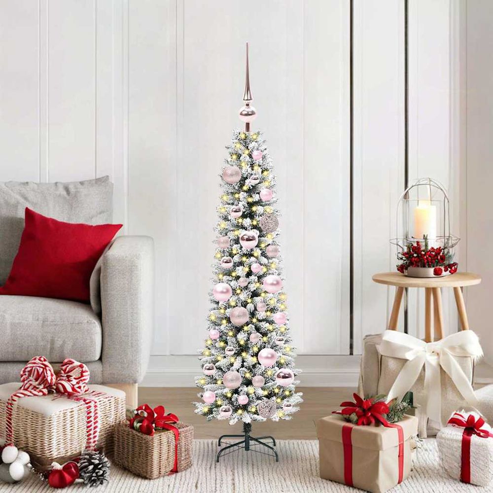 Kit sapin de noël effet neige 120cm, décoration complète avec lumières 150 led et boules