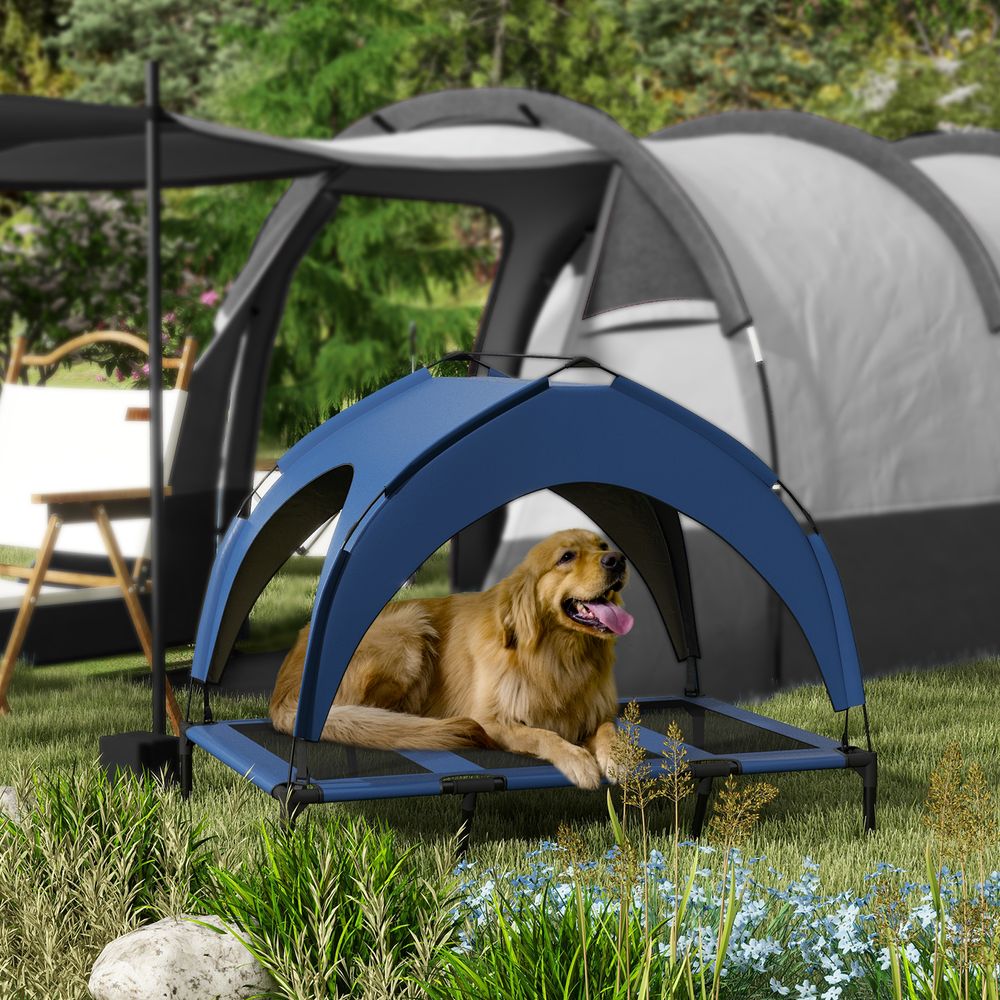 Lit surélevé pour grand chien en acier et tissu oxford bleu foncé 106 x 76 x 94 cm avec toit de protection