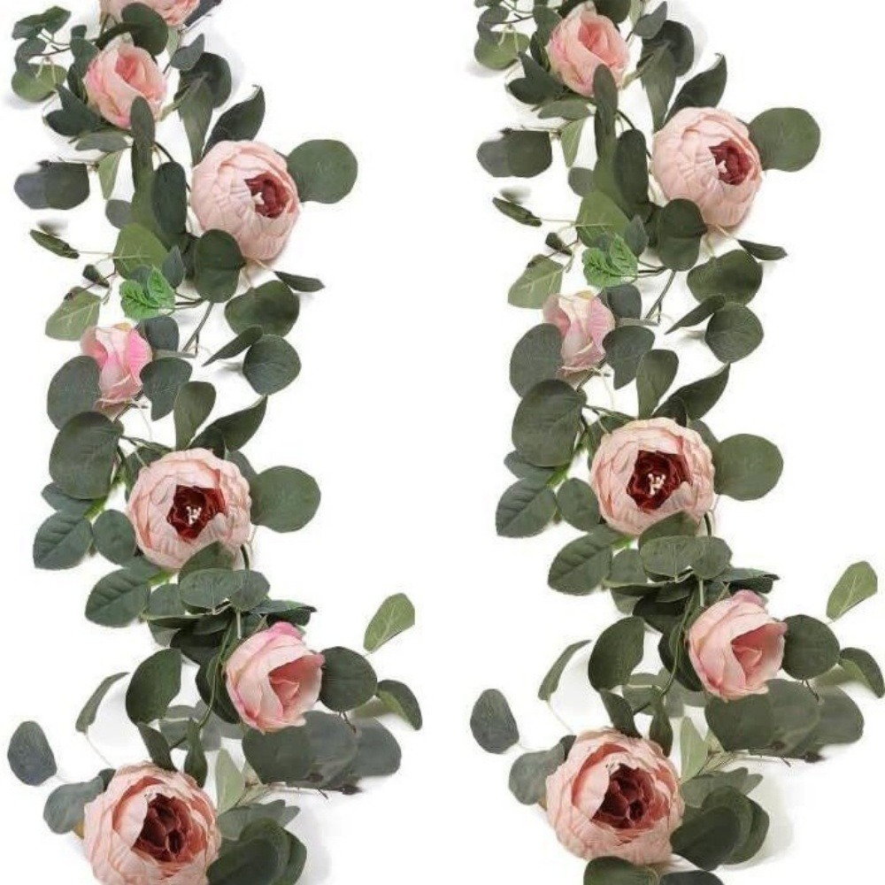 Vigne de fleurs artificielles de pivoine et de feuilles d'eucalyptus pour mariage rose 2 pièces dtopbuyage