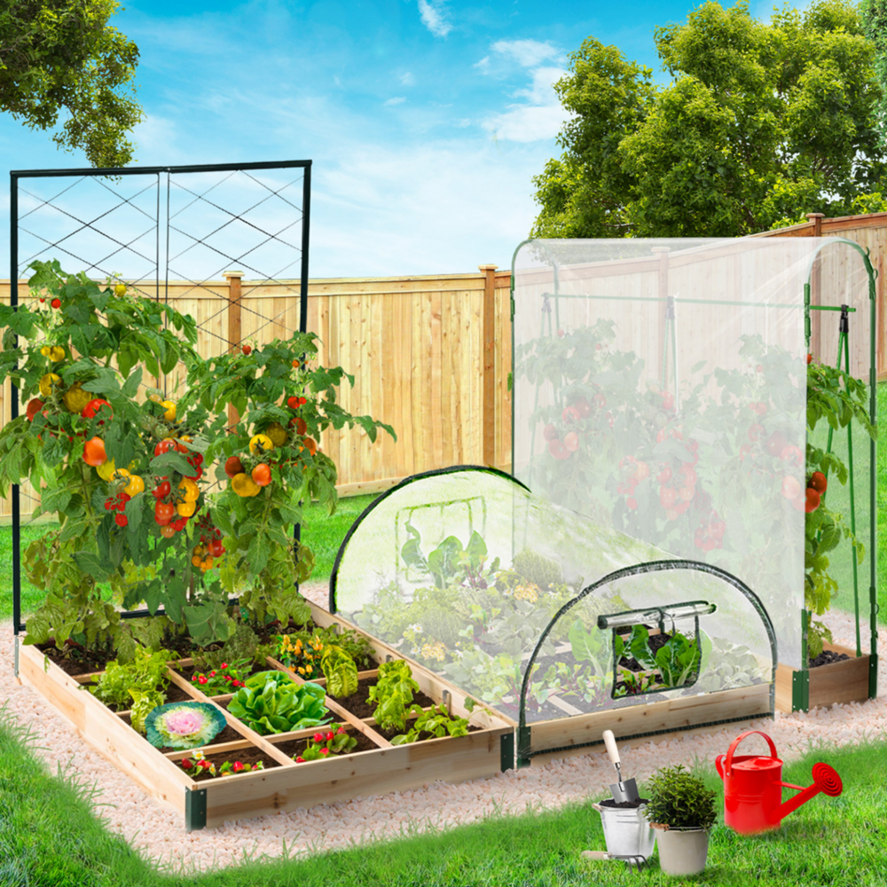 Kit complet 3 bacs modulables carrés potager et serre à tomates + treillis + housse