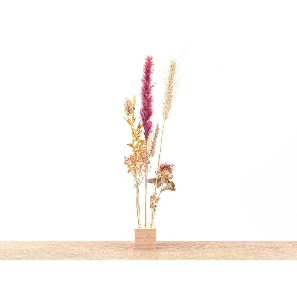 Fleurs séchées et son présentoir en bois