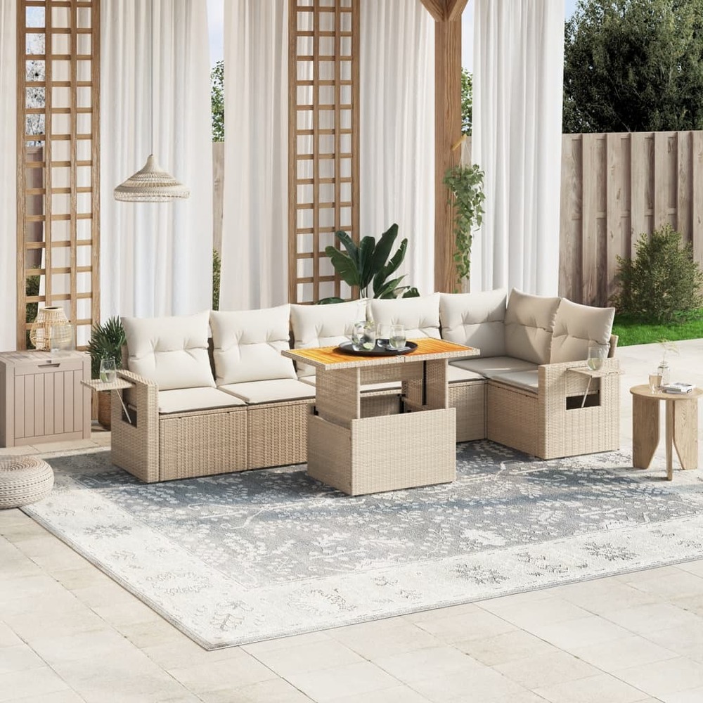 Salon de jardin avec coussins 7 pcs beige résine tressée