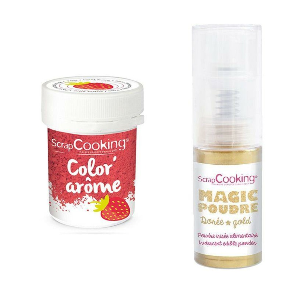 Colorant alimentaire rose arôme fraise + poudre alimentaire irisée dorée