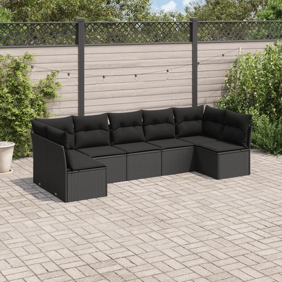 Salon de jardin 7 pcs avec coussins noir résine tressée