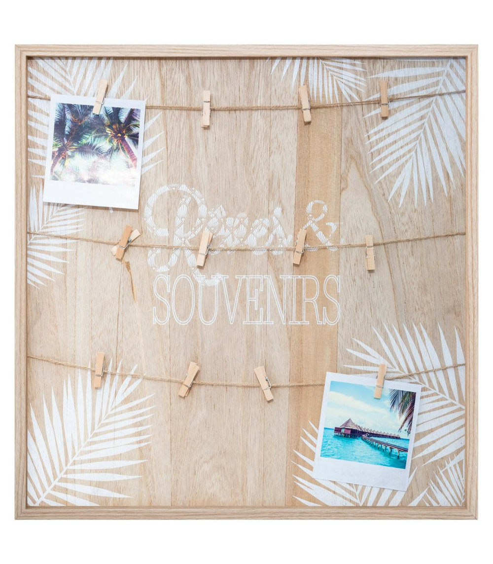 Porte photos mural en bois avec suspension cordes et pinces 48 x 48 cm