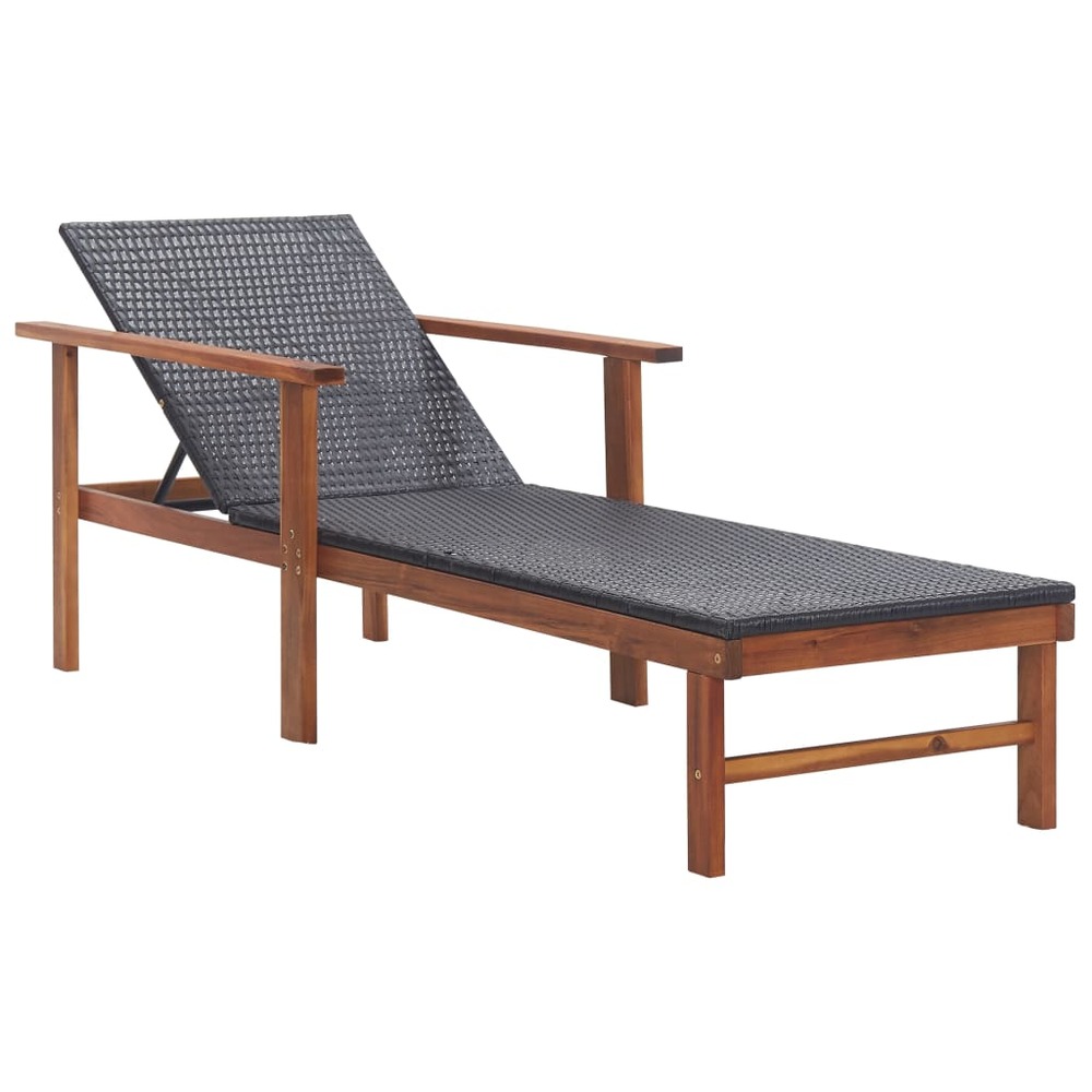 Transat chaise longue bain de soleil lit de jardin terrasse meuble d'extérieur résine tressée et bois d'acacia massif noir 02
