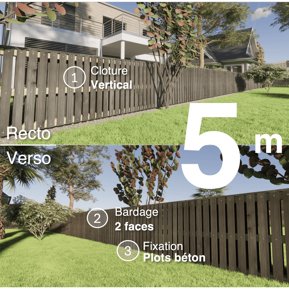 Kit clôture bois moderne 5m – h 0,9m – 20 x 70 mm noir par trempage – pose vertical – double face – à sceller