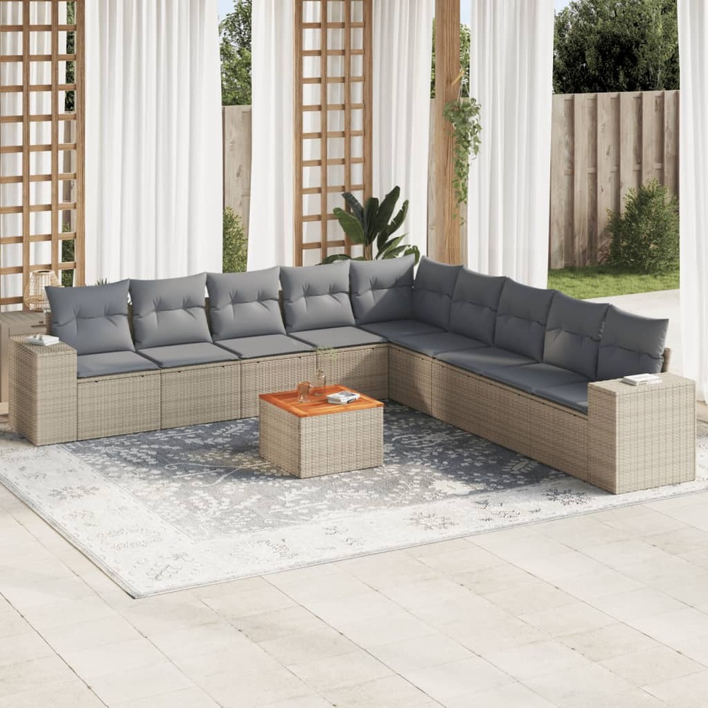 Salon de jardin avec coussins 10 pcs beige résine tressée