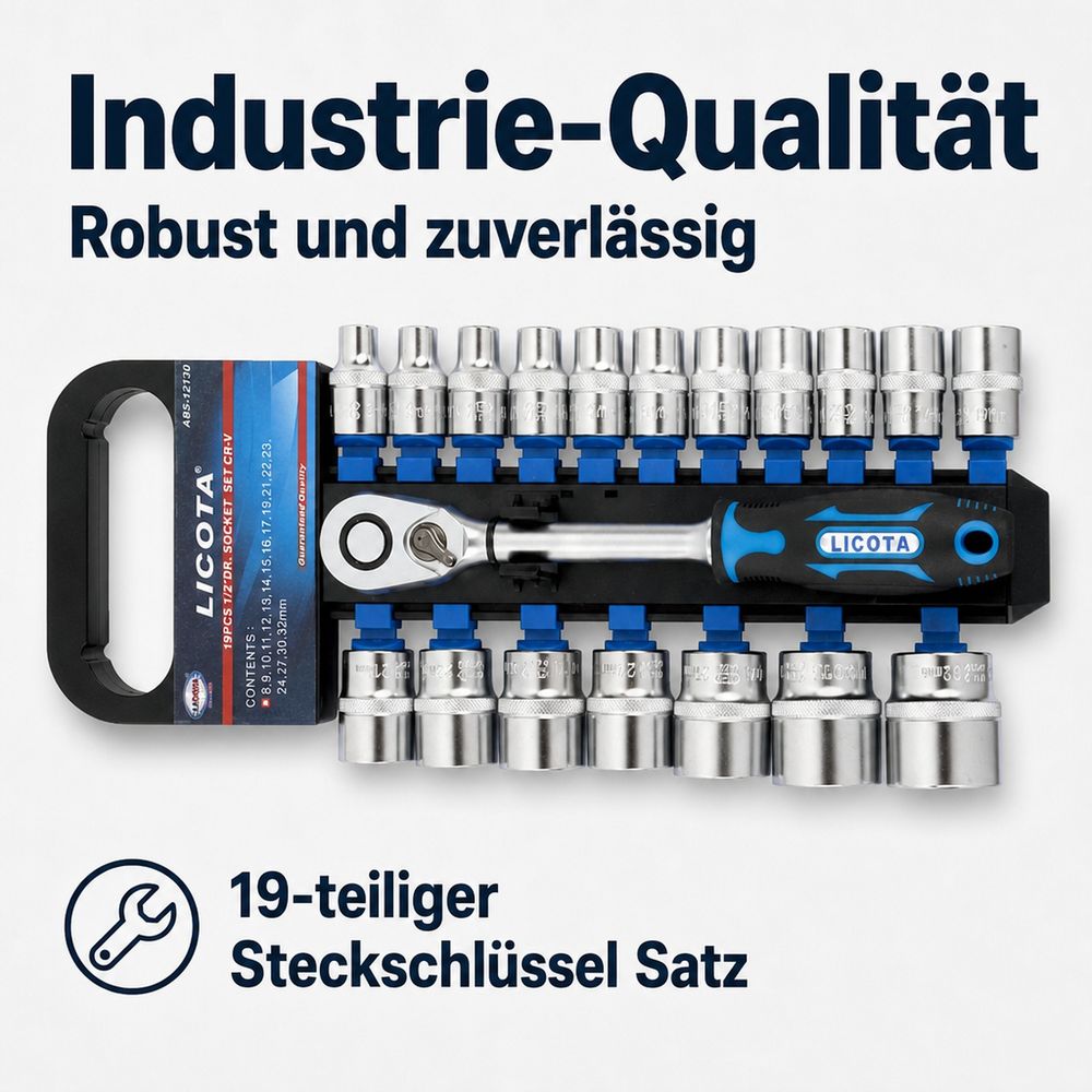 Coffret de douilles 1/2 pouce, 19 pièces, clé à cliquet industrielle