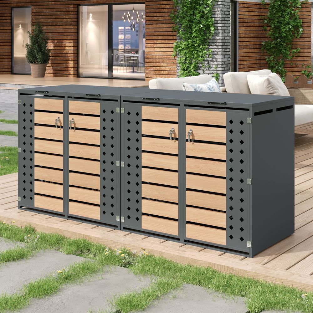 Cache-poubelles acier aspect bois jardin 4 portes vérins hydrauliques gris - comfortxl outdoor living