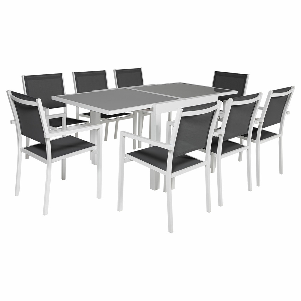 Salon de jardin lampedusa extensible textilène gris 8 places - aluminium blanc
