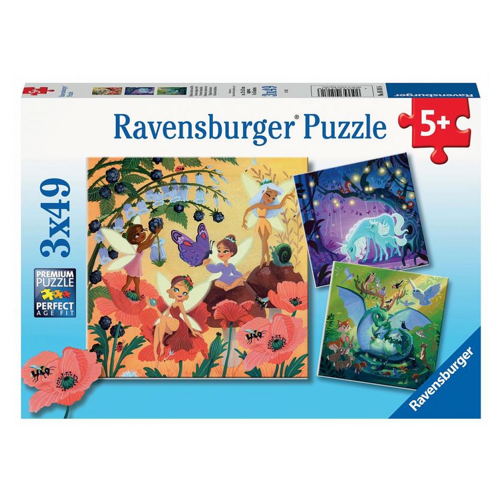 Puzzles 3x49 p - licorne, dragon et fée