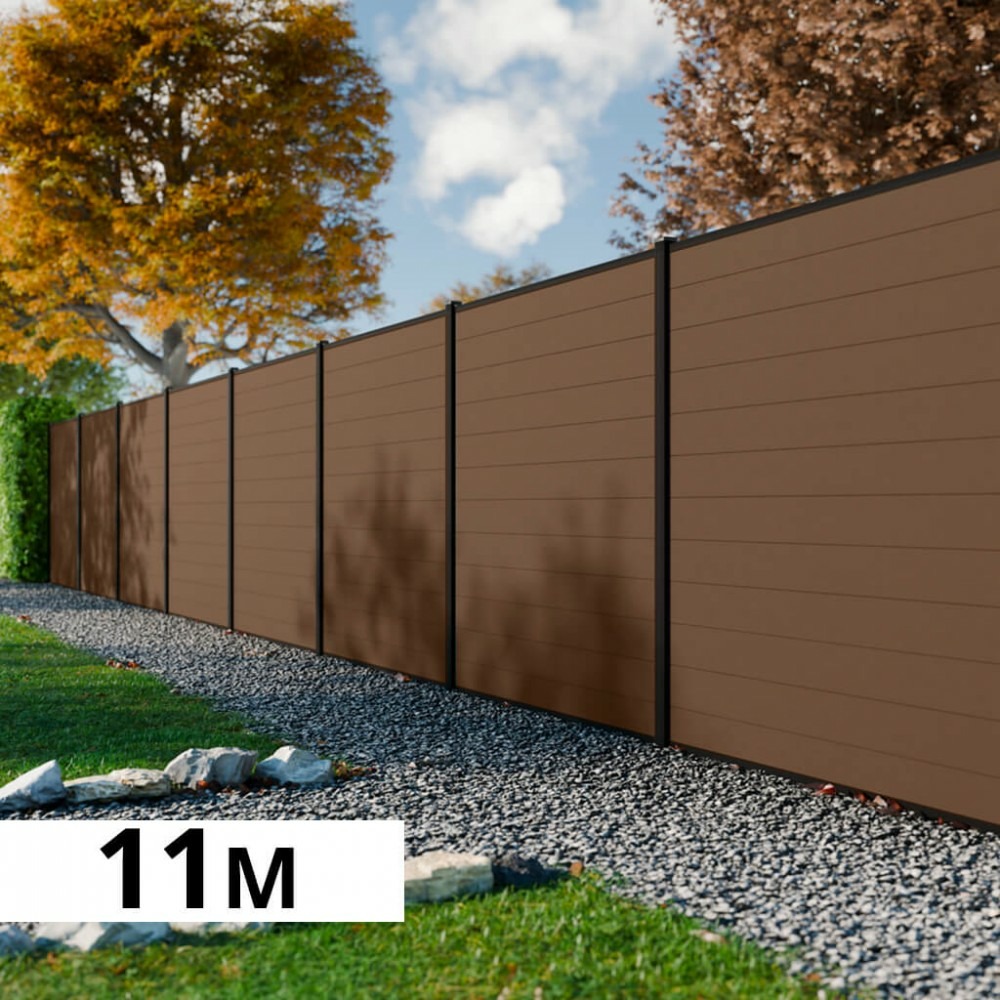 Kit clôture bois composite bronze 11x1,8m rio - poteaux en aluminium noir - brise vue - palissade