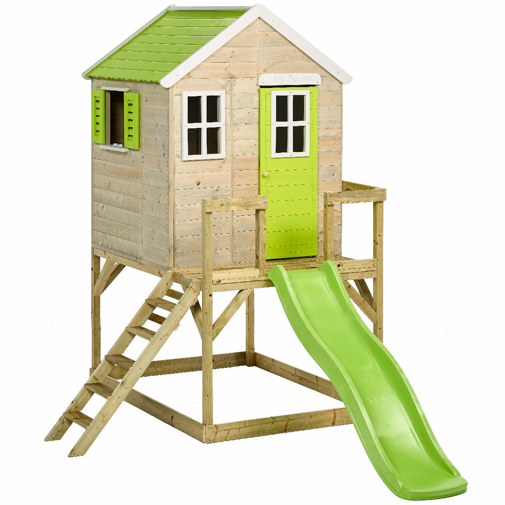 Maisonnette enfant extérieur en bois tinni avec plateforme et toboggan