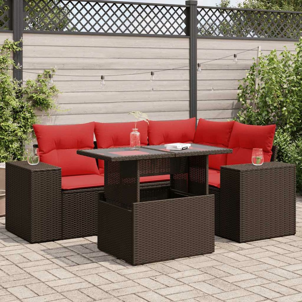 Salon de jardin avec coussins 5pcs marron résine tressée acacia