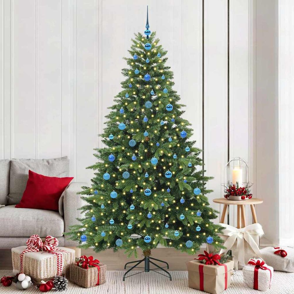 Arbre de noël artificiel 210cm pour salon, pack complet avec 120 boules et lumières led