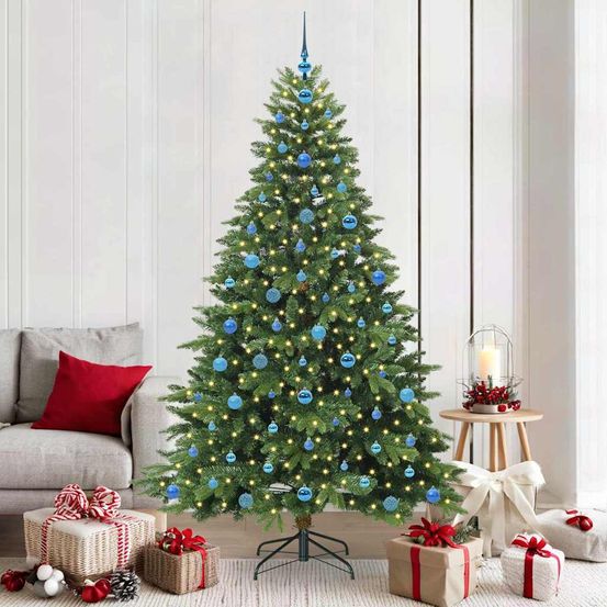 Arbre de noël artificiel 210cm pour salon, pack complet avec 120 boules et lumières led