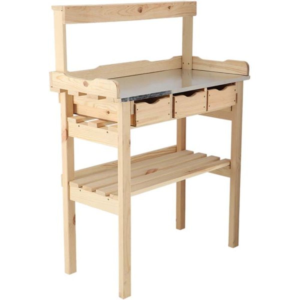 Table à rempoter en pin avec plateau zinc 3 tiroirs + étagère supérieure
