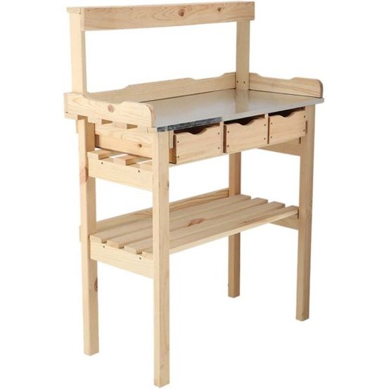 Table à rempoter en pin avec plateau zinc 3 tiroirs + étagère supérieure