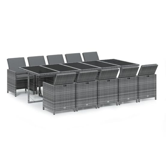 Ensemble à manger de jardin coussins 11 pcs résine tressée gris