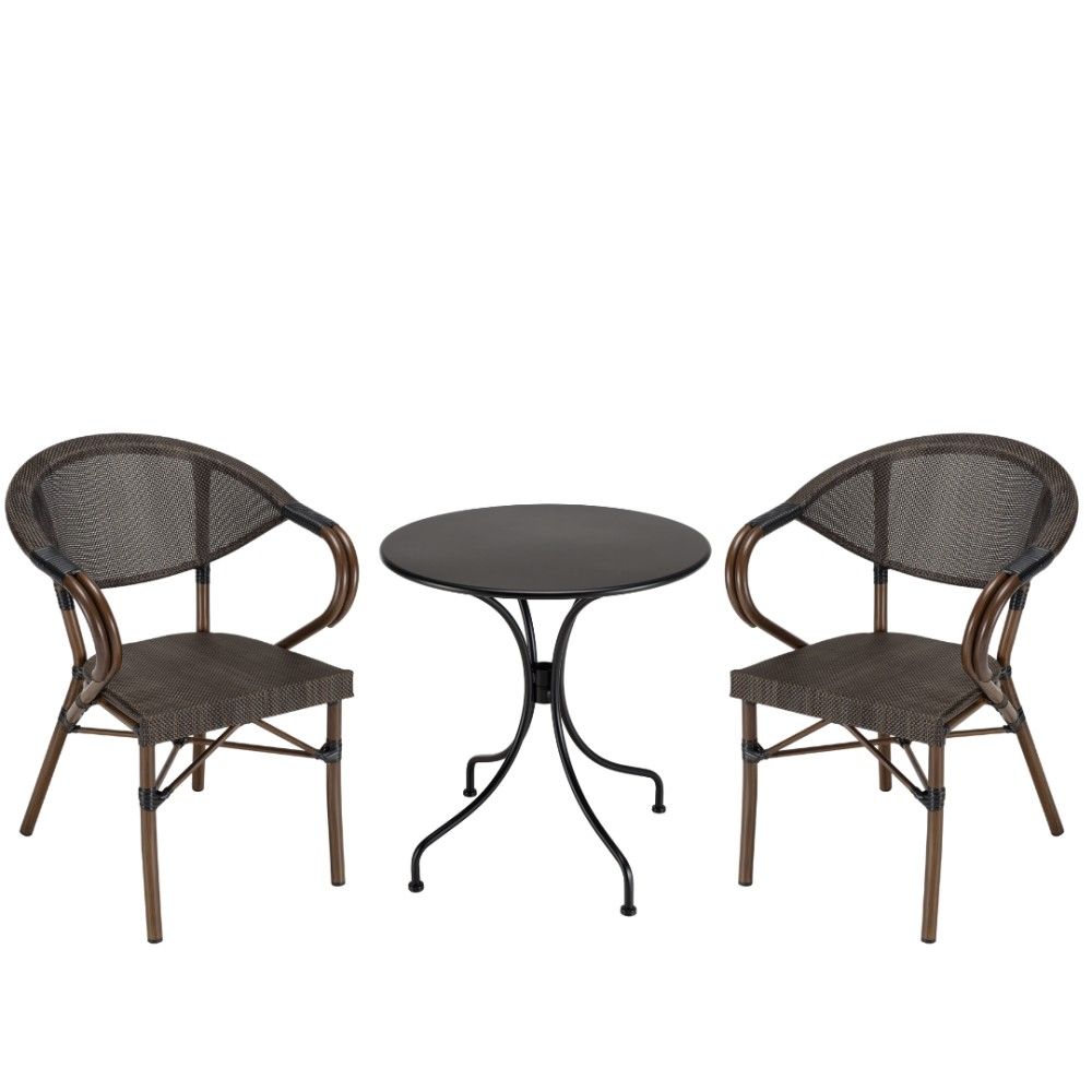 Salon de jardin 2 personnes en acier - 1 table ronde 70x70cm et 2 chaises en textilène marron