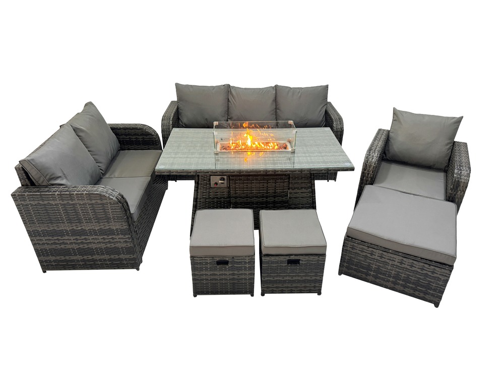 Salon de jardin avec table de foyer à gaz 9 places ensemble de canapés en rotin gris foncé mixte