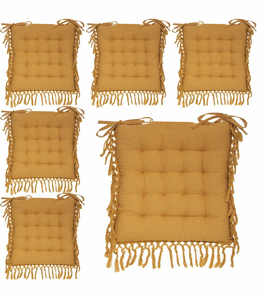 Lot de 6 galettes de chaise en coton jaune ocre avec franges macramé 40 x 40 cm