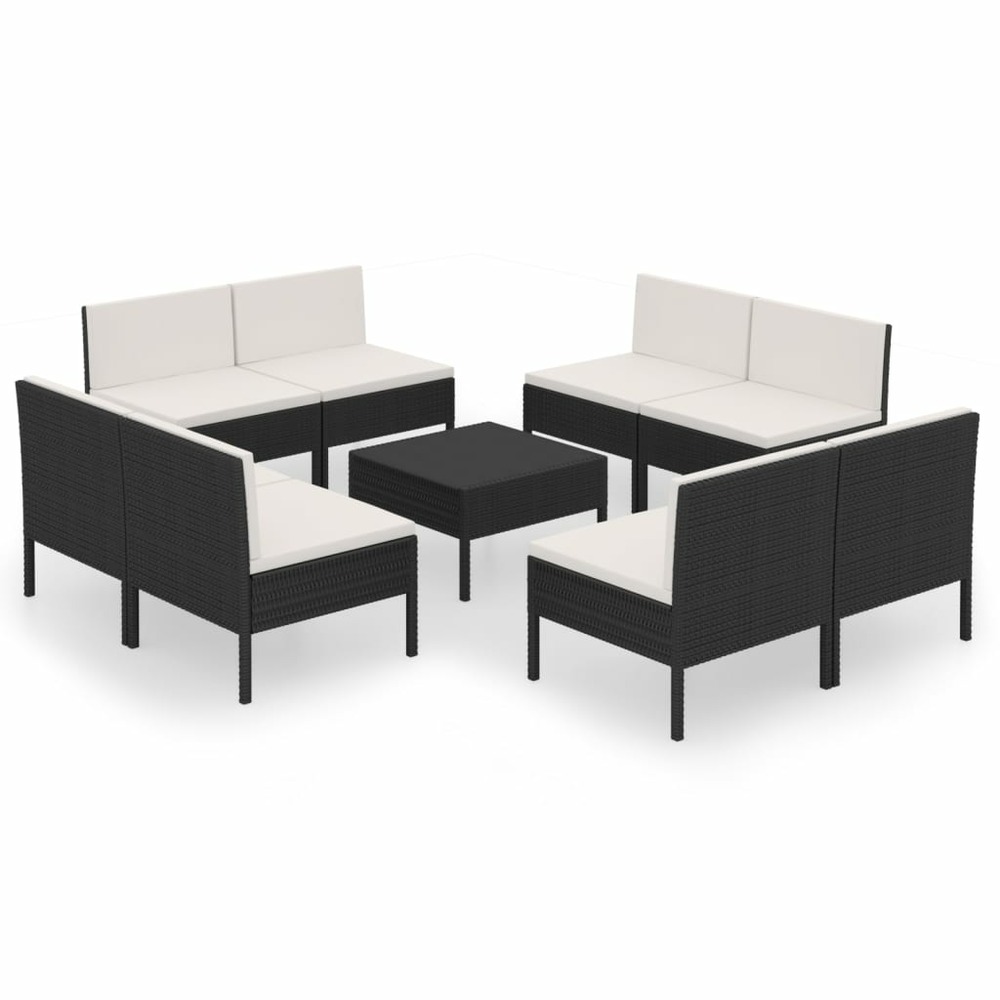 Salon de jardin 9 pcs avec coussins résine tressée noir