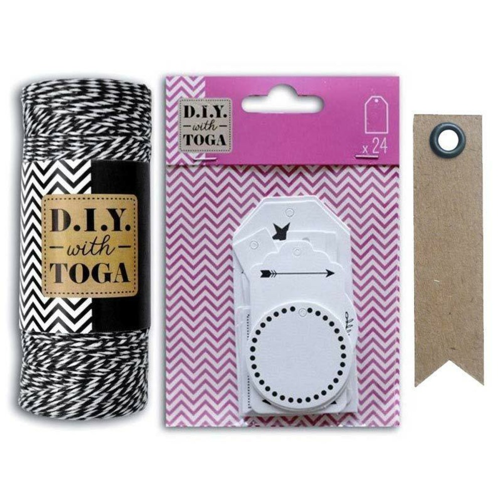 24 étiquettes blanches perforées + ficelle noire-blanche 100 m + 20 étiquettes kraft fanion