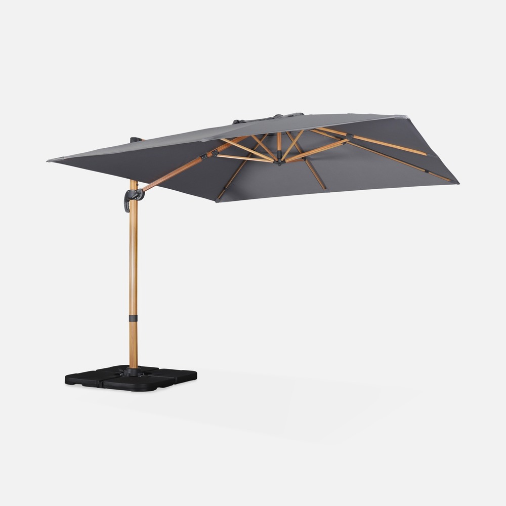Parasol déporté carré 3x3m mât effet bois + dalles à lester 50x50cm - falgos - parasol excentré inclinable, rabattable et rotatif à