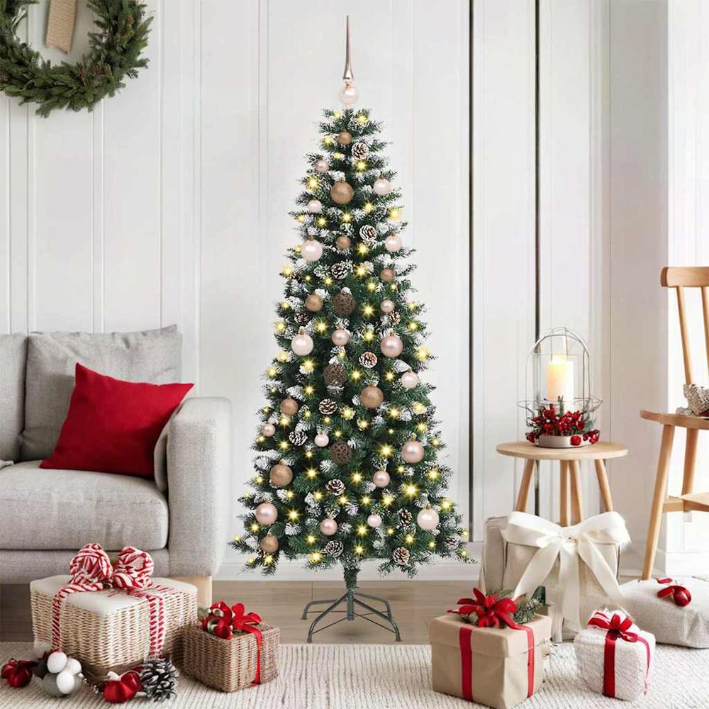 Sapin de noël décoré effet neige 1.5m, lumineux 150 led, prêt à poser alimentation usb