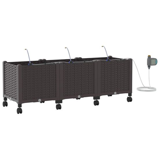 Porte-plante de jardin avec irrigation et roues 3 pc marron pp