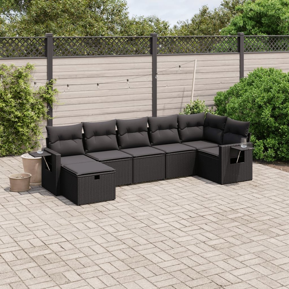Salon de jardin 7 pcs avec coussins noir résine tressée