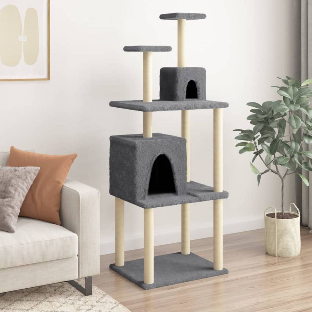 Grand arbre à chat en sisal avec 2 niches pour multi-chats gris foncé 167 cm