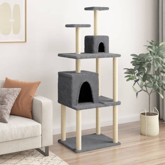 Grand arbre à chat en sisal avec 2 niches pour multi-chats gris foncé 167 cm