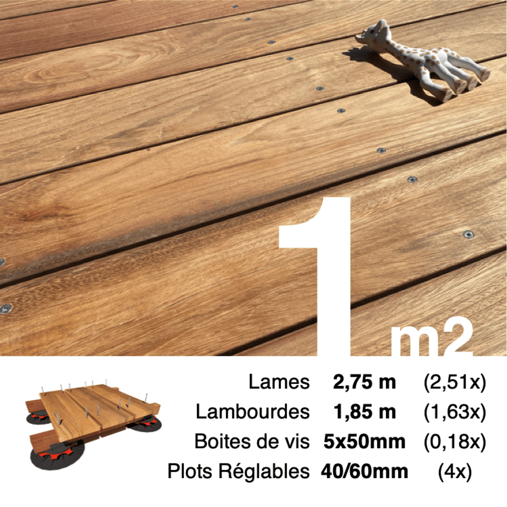 Kit complet terrasse bois exotique jatoba pour 1 m², lames 2,75 m, lambourdes 1,85 m, plots réglables et visserie inox.