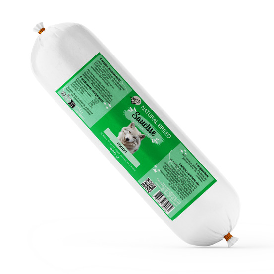 Saucisse fraîche au poulet pour chien – aliment humide complet – cuisson vapeur – sans céréales – 800 g